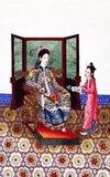 Scenes of Service from a small album known as 'Chinese Drawings: Court and Society', showing contemporaneous style and fashion at the Qing Court.<br/><br/>

The Qing Dynasty was the last dynasty of China, ruling from 1644 to 1912. Qing rulers were of the Jurchen Aisin Gioro clan, a nomadic tribe that originated northeast of the Great Wall in contemporary Northeastern China.<br/><br/>

Over the course of its reign, the Qing became highly integrated with Chinese culture, learning Chinese and participating in rituals. The imperial examinations continued and Han civil servants administered the empire alongside Manchu ones.